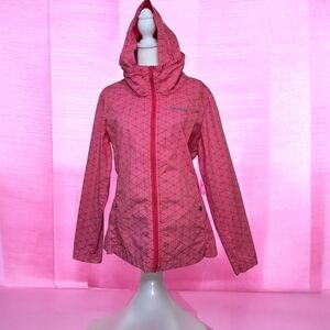 Rain Jacket Womens Medium Hooded Salmon Coral Pink Lightweight Geometric